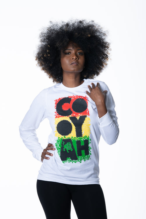 Cooyah Jamaica long sleeve Women's white Tee Shirt, Ring Spun, Crew Neck, Street Wear Reggae Style, IRIE