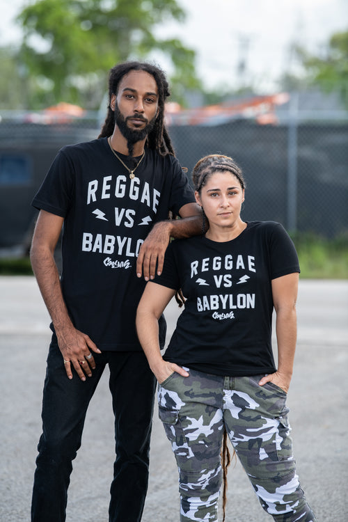 Cooyah Jamaica. Men's and women's short sleeve Reggae VS Babylon graphic tees in black. Ringspun, crew neck shirt. Jamaican streetwear clothing. IRIE