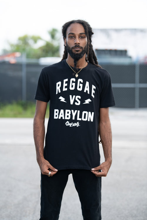 Cooyah Jamaica.  Men's short sleeve Reggae VS Babylon graphic tee in black.  Ringspun, crew neck shirt.  Jamaican streetwear clothing. IRIE