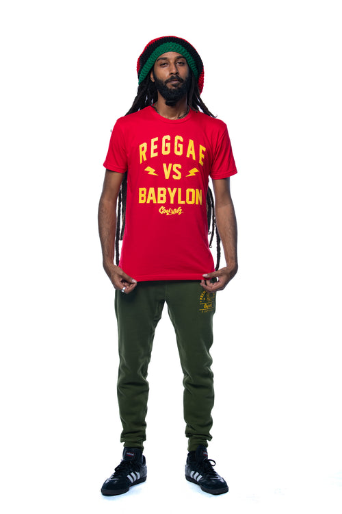Reggae VS Babylon men's graphic tee in red.  Cooyah Jamaica. Men's short sleeve Reggae t-shirt. Ringspun, crew neck shirt. Jamaican streetwear clothing. IRIE