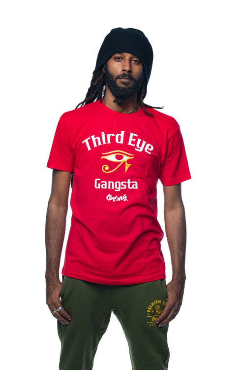 Cooyah Jamaica. Men's red Third Eye Gangsta tee. Short sleeve, ringspun cotton. Jamaican clothing brand.