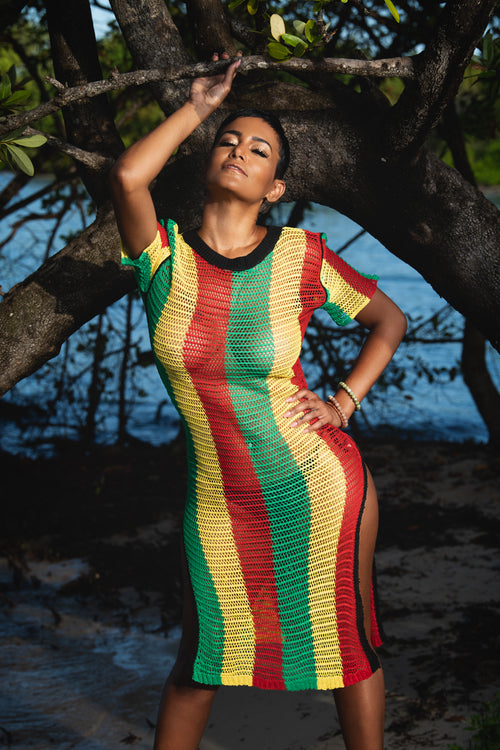 Cooyah Jamaica. Rasta Mesh Dress. Crocheted in red, gold, and green reggae colors. Jamaican beachwear clothing.