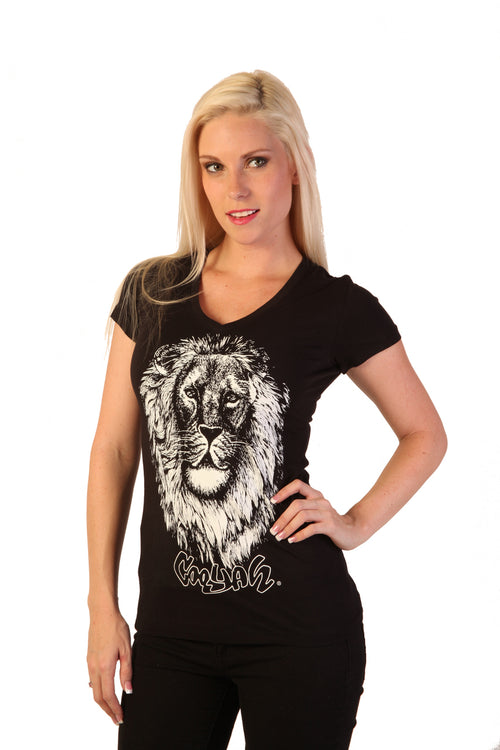 Cooyah Jamaica.  Women's black v-neck with Lion graphic.   We are a Jamaican owned rootswear clothing brand.  Established in 1987.  