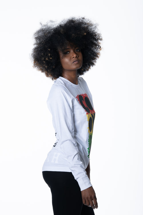 Cooyah Clothing.  Women's white long sleeve, crew neck, graphic tees.  Jamaican streetwear fashion.