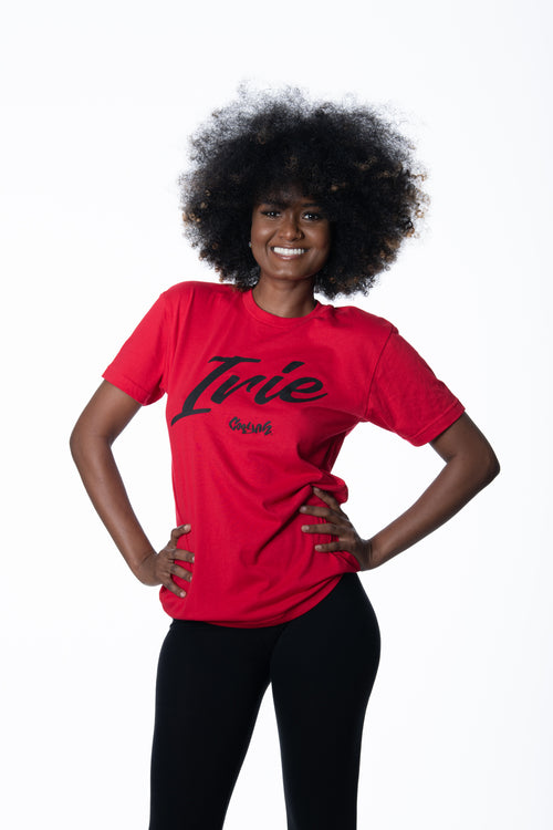 Cooyah Jamaica -Women's Red irie yard graphic tees.  As a Jamaican owned clothing brand since 1987, we take pride in bringing you this classic piece.