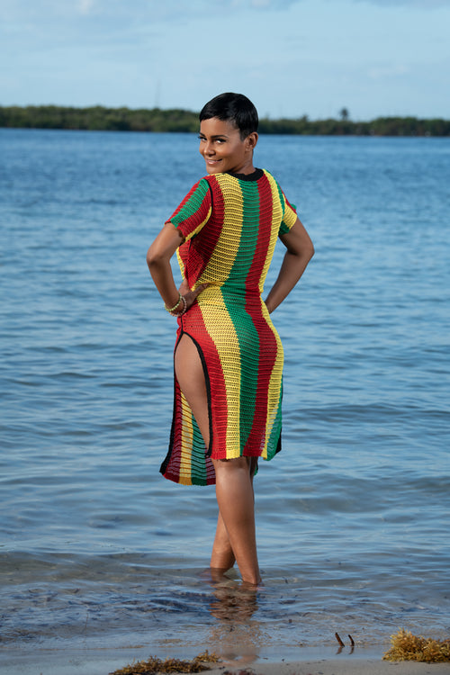 Cooyah Jamaica. Rasta Mesh Dress. Crocheted in red, gold, and green reggae colors. Jamaican beachwear clothing.