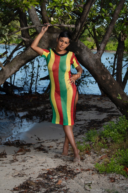 Cooyah Jamaica - Rasta Mesh Dress.  Crocheted in red, gold, and green reggae colors.  Jamaican beachwear clothing.