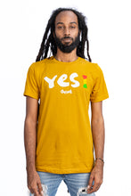 Load image into Gallery viewer, Cooyah Jamaica. Men&#39;s short sleeve tee with Yes I graphic.  Mustard Yellow  t-shirt screen printed in rasta colors. Reggae style. Jamaican clothing band. IRIE
