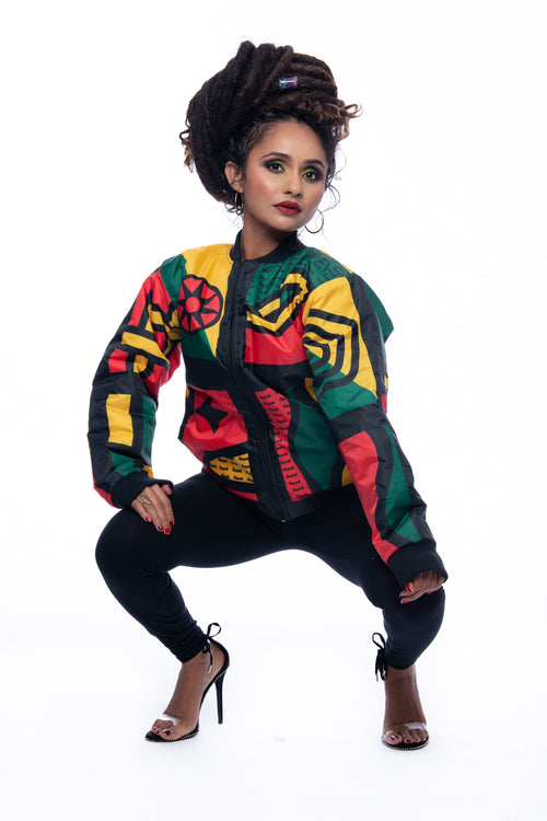 Cooyah 90s-inspired Africa bomber jacket with vibrant cultural print