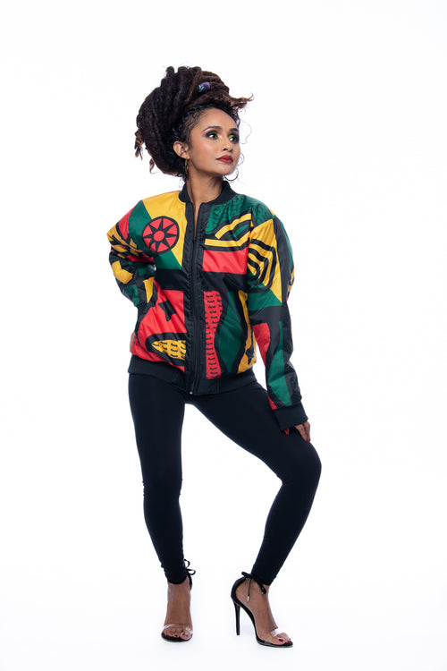 Afrocentric colorful bomber jacket by Cooyah on model sitting on white background