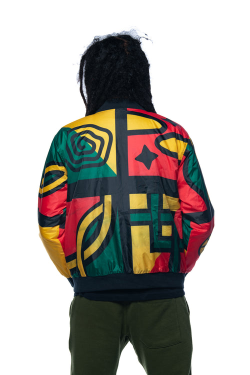 Back view of Cooyah Africa Jacket featuring bold red, yellow, and green graphic design