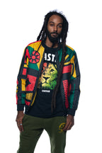 Cooyah streetwear outfit with Africa bomber jacket and Rasta Lion graphic t-shirt.