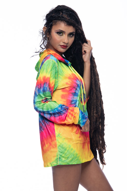 Cooyah Jamaica. This colorful tie-dye UV protected hoodie is great for the beach and traveling - helps you stay cool and protected year-round! Jamaican beachwear clothing brand.