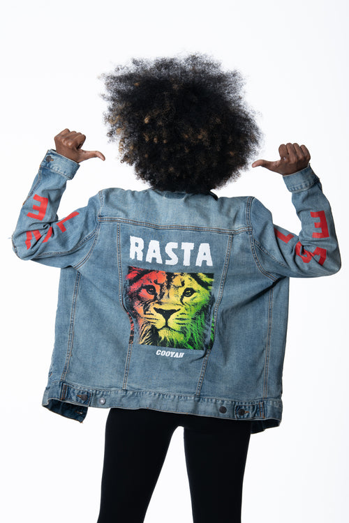 Cooyah Jamaica. Women's Denim Jean Jacket with Rasta Lion graphics. Jamaican rootswear clothing.