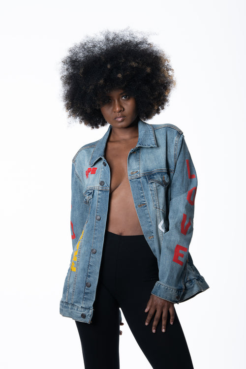 Cooyah Jamaica. Women's Denim Jean Jacket with Rasta Lion graphics. Jamaican rootswear clothing.