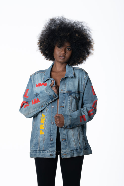 Cooyah Jamaica. Women's Denim Jean Jacket with Rasta Lion graphics. Jamaican rootswear clothing.