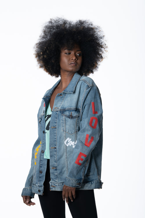 Cooyah Jamaica. Women's Denim Jean Jacket with Rasta Lion graphics. Jamaican rootswear clothing.