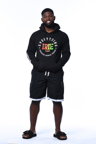 Cooyah Jamaica. Everything Irie Men's pullover black hoodie. Screen printed in rasta colors. Jamaican streetwear clothing.
