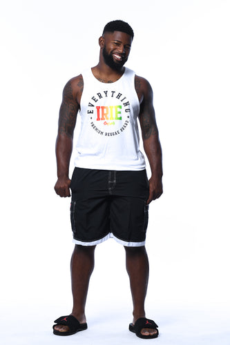 Cooyah Jamaica. Everything Irie men's white tank top with reggae graphics. Jamaican streetwear clothing.