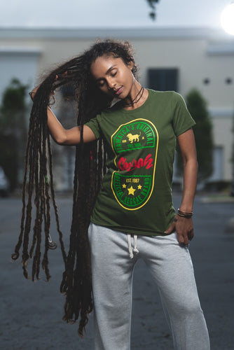 Cooyah Jamaica.  Ethiopia short sleeve graphic tee screen printed in rasta colors.  Olive green, crew neck, soft, ringspun cotton.  Jamaican clothing brand.