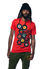 Load image into Gallery viewer, Cooyah Jamaica. Men &#39;s short sleeve graphic tee with 45 RPM Vinyl records screen printed on the front. Vintage reggae and rocksteady style.  Red Shirt, short sleeve, ringspun cotton. Jamaican streetwear clothing brand. IRIE
