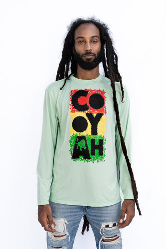 Cooyah Jamaica Graphic Long Sleeve UPF 50+ Sun Shirt in mint green.  Jamaican beachwear clothing