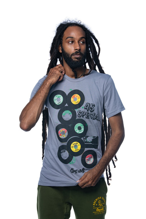 Cooyah Jamaica. Men 's short sleeve graphic tee with 45 RPM Vinyl records screen printed on the front. Vintage reggae and rocksteady style.  Gray Shirt, short sleeve, ringspun cotton. Jamaican streetwear clothing brand. IRIE