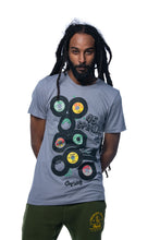 Load image into Gallery viewer, Cooyah Jamaica. Men &#39;s short sleeve graphic tee with 45 RPM Vinyl records screen printed on the front. Vintage reggae and rocksteady style. Gray Shirt, short sleeve, ringspun cotton. Jamaican streetwear clothing brand. IRIE

