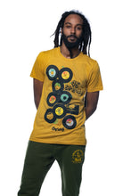 Load image into Gallery viewer, Cooyah Jamaica. Men &#39;s short sleeve graphic tee with 45 RPM Vinyl records screen printed on the front.  Vintage reggae and rocksteady style.  Mustard Yellow Shirt, short sleeve, ringspun cotton.  Jamaican streetwear clothing brand.  IRIE
