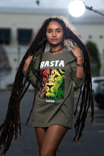 Load image into Gallery viewer, Cooyah Jamaica. Women&#39;s long sleeve Rasta Lion olive green Tee Shirt, Ring Spun, Crew Neck, Jamaican streetwear clothing - Reggae Style, IRIE
