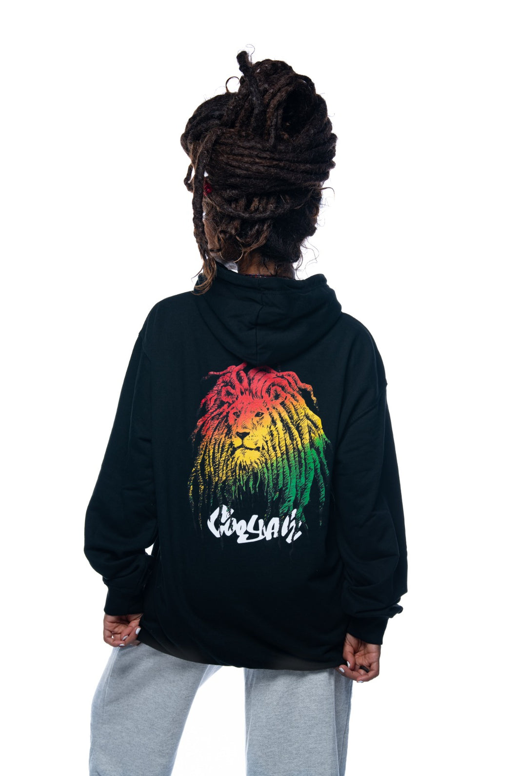 Cooyah Jamaica.  Rasta Lion hoodie in black.  Screen printed in reggae colors.  Jamaican clothing brand.