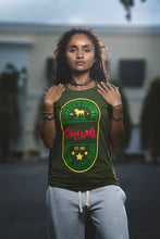 Load image into Gallery viewer, Cooyah Jamaica. Ethiopia short sleeve graphic tee screen printed in rasta colors. Olive green, crew neck, soft, ringspun cotton. Jamaican clothing brand.
