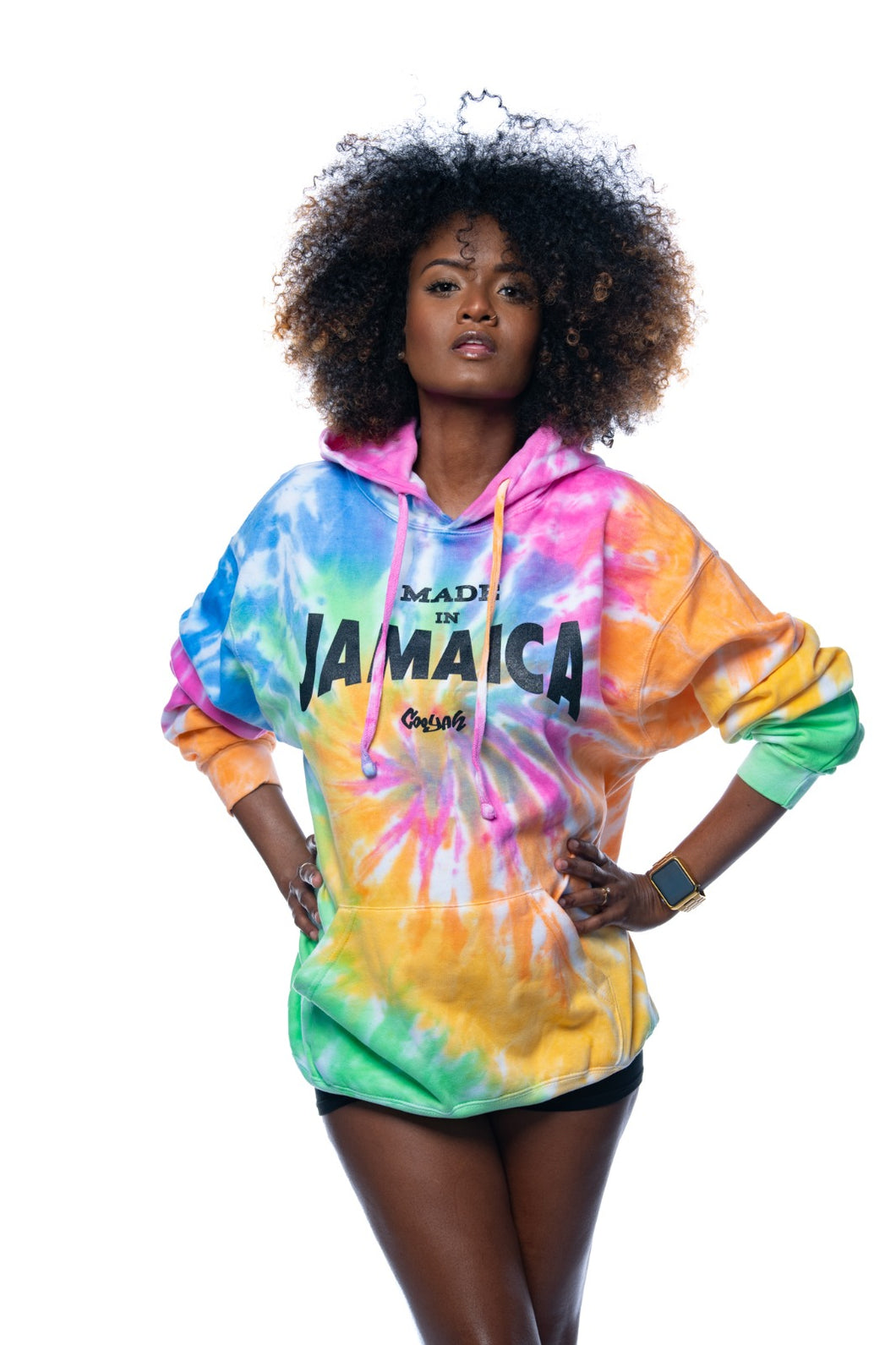 Tie-dyed hoodie with Made in Jamaica printed on the front 
