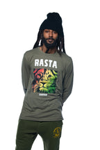 Cooyah Jamaica long sleeve men's Rasta Lion Tee Shirt, Ring Spun, Crew Neck.  As a Jamaican owned clothing brand since 1987, we take pride in bringing you this classic reggae shirt.