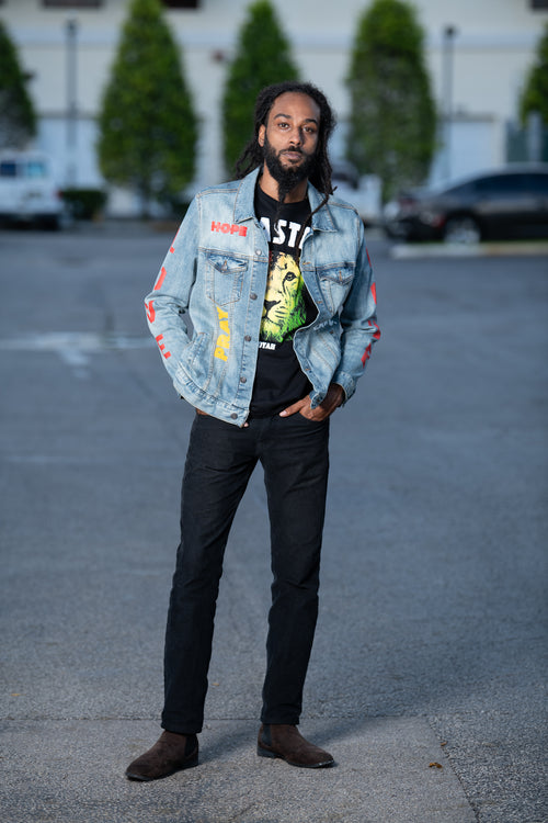 Cooyah Jamaica. Men's denim jacket with Rasta Lion design. Handprinted design. Reggae rootswear clothing brand. IRIE