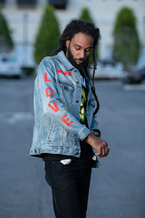 Cooyah Jamaica. Men's denim jacket with Rasta Lion design. Handprinted design. Reggae rootswear clothing brand. IRIE