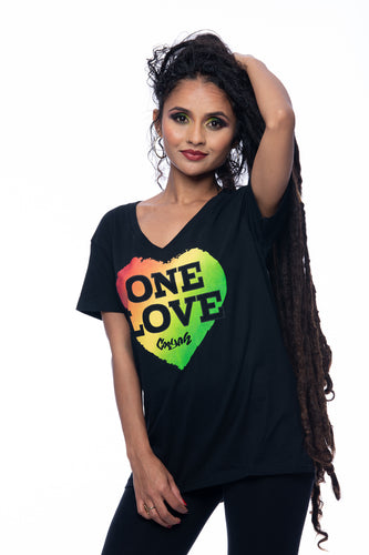 Cooyah Jamaica One Love women's V-Neck Short sleeve t-shirt screen printed heart in reggae colors.  Jamaican beachwear rootswear clothing.