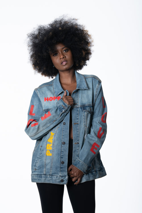 Cooyah Jamaica. Women's Denim Jean Jacket with Rasta Lion graphics. Jamaican rootswear clothing.