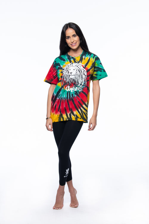 Cooyah Jamaica. Women's Tie-Dye shirt with Rasta Lion with dreads. Reggae rootswear clothing brand. Red, gold, and green. IRIE